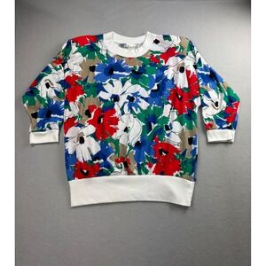 Vintage 80s Donnkenny Bold Floral Cuffed Hem Top Abstract Banded Blouse